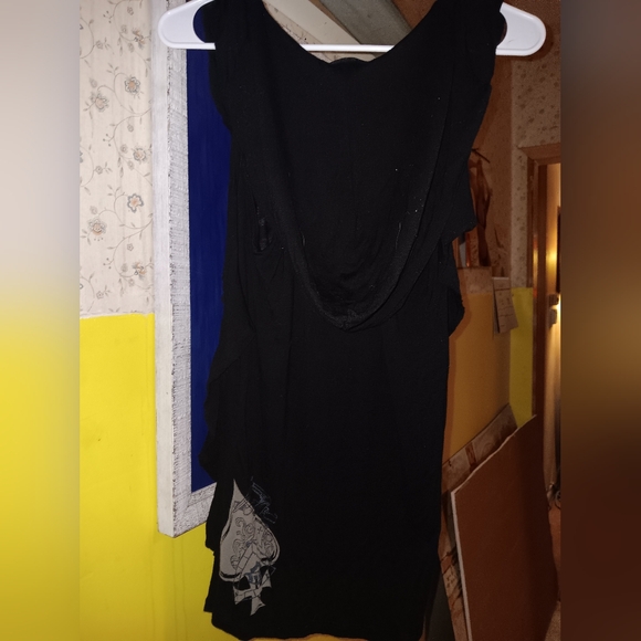 SALVAGE Rare Rhinestone "To Each His Own" Hooded Black Graphic Sleeveless Dress - Picture 9 of 11